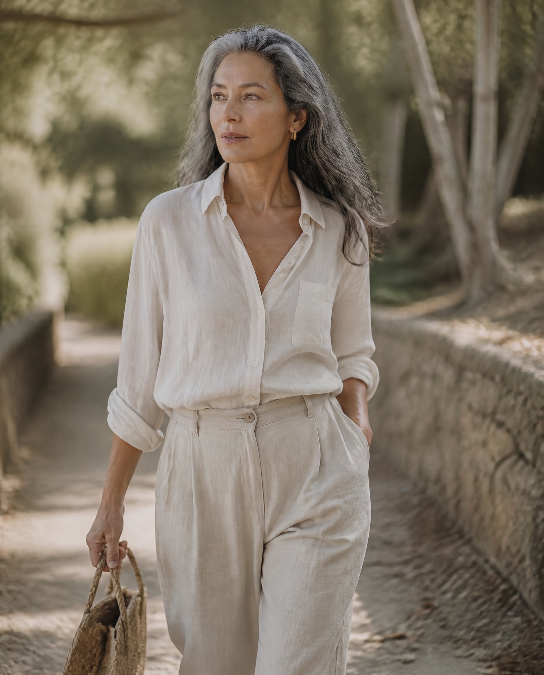 A woman walking on a quiet tree-lined path in warm morning light